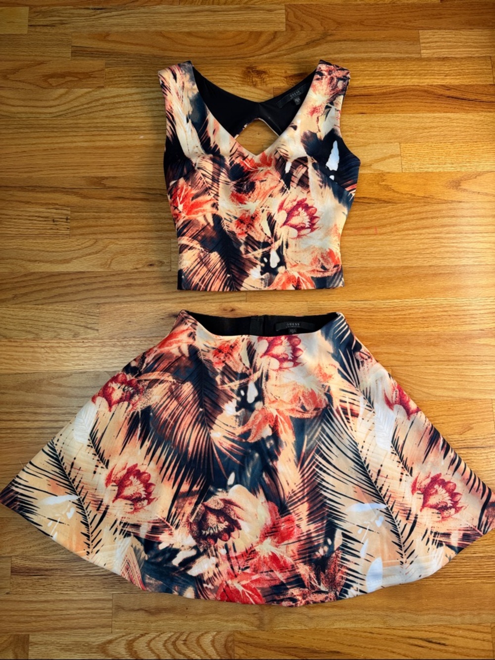 Floral Palm Print A-Line Skirt and Top matching set in Peach & Navy by GUESS.